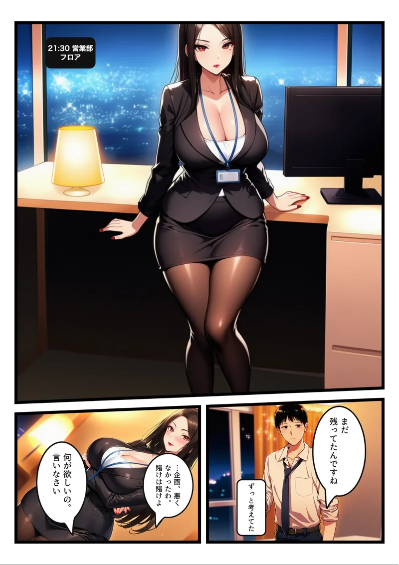 「お願い」を言ったら負けの夜、命令しかできない爆乳鬼部長が黒ストを破らせ中出しをせがむまで【モザイク版】 サンプル6ページ